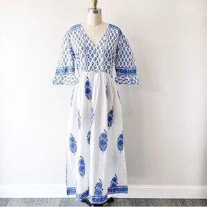 Blue & White Floral Block Print Cotton Dress by Pink City Prints